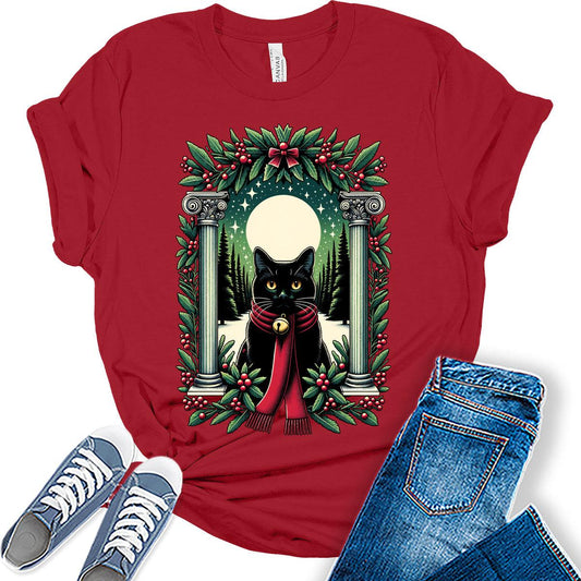 Cat Tshirt Christmas Shirts for Women Cottagecore Graphic Tees