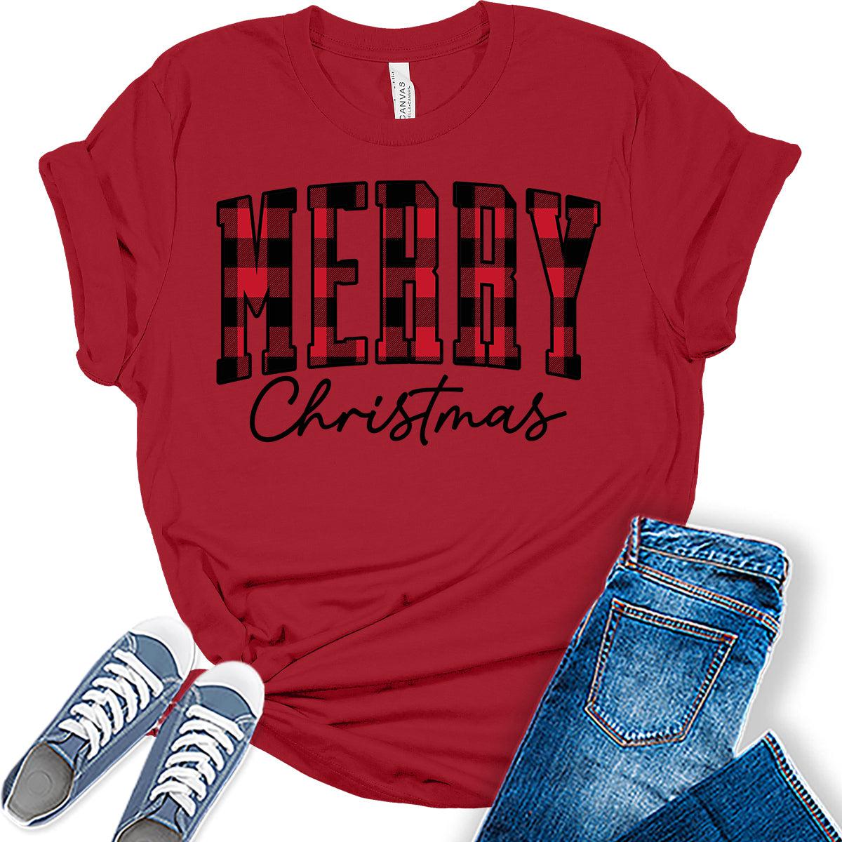 Merry Christmas Shirts for Women Letter Print Tshirts Buffalo Plaid Graphic Tees