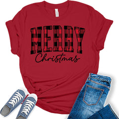 Merry Christmas Shirts for Women Buffalo Plaid Christmas Tops