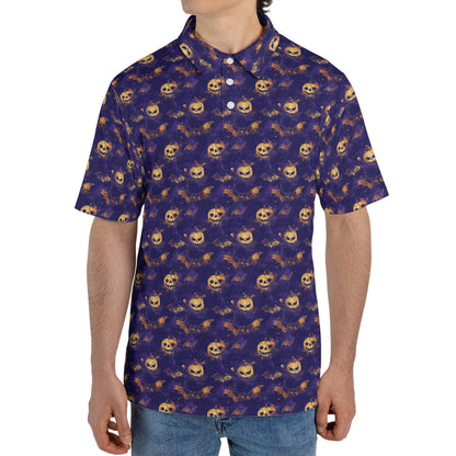 Jack O Lantern Bat Polo Shirt for Men Halloween Pumpkin Funny Spooky Moisture Wicking Golf Top