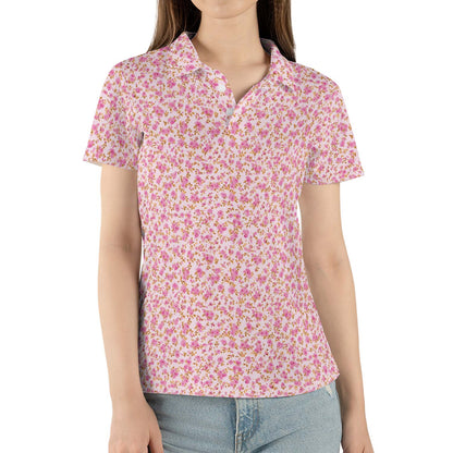 Pink Floral Polo Shirt for Women Cottagecore Spring Summer Moisture Wicking Short Sleeve Golf Top