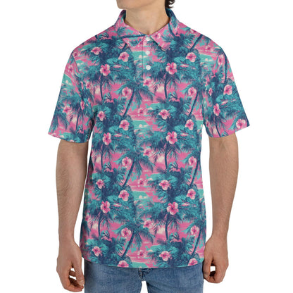 Hawaiian Palm Tree Summer Polo Shirt for Men Moisture Wicking Short Sleeve Golf Top