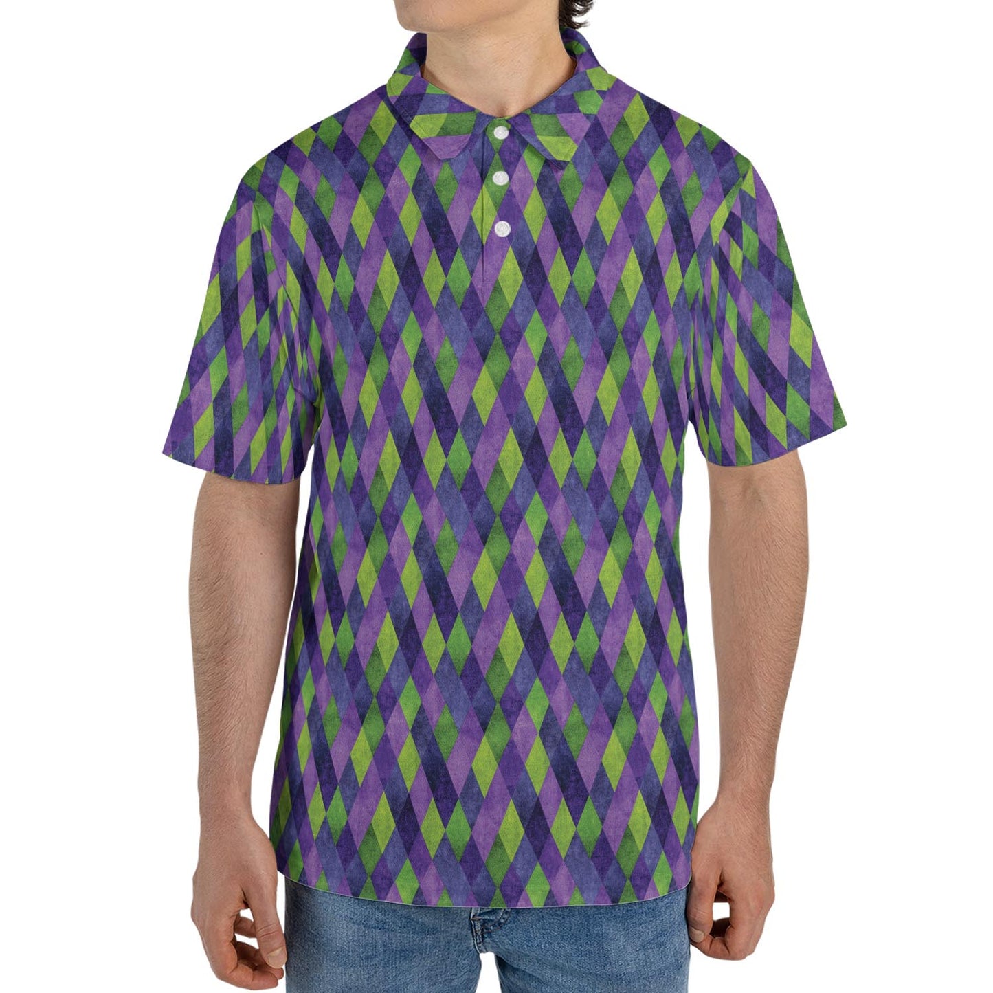 Mardi Gras Polo Shirt for Men Purple Green Argyle Party Design Moisture Wicking Short Sleeve Golf Top