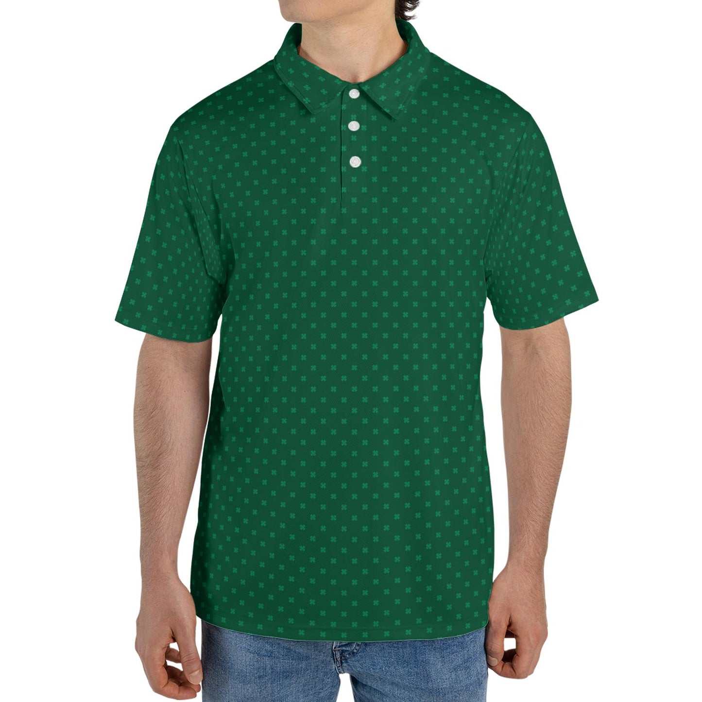 St Patricks Day Polo Shirts for Men Emerald Green Shamrock Pattern Moisture Wicking Short Sleeve Golf Top