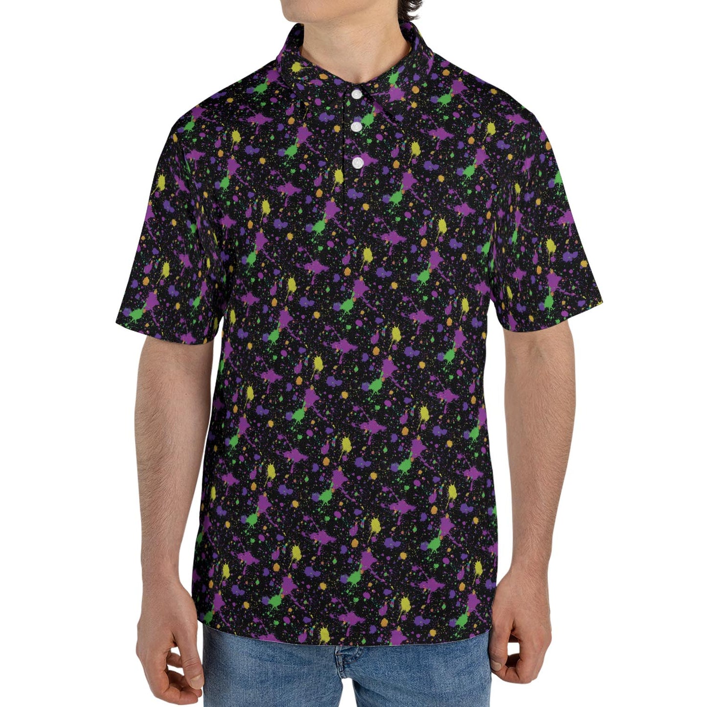 Mardi Gras Polo Shirt for Men Purple Green Gold Paint Splatter Pattern Moisture Wicking Short Sleeve Golf