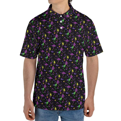 Mardi Gras Polo Shirt for Men Purple Green Gold Paint Splatter Pattern Moisture Wicking Short Sleeve Golf
