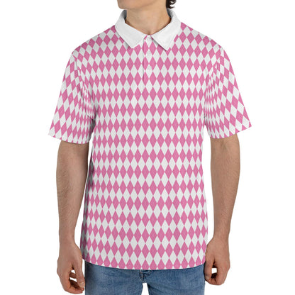 Bavarian Diamond Polo Shirt for Men Pink White Checkered Moisture Wicking Short Sleeve Golf Top