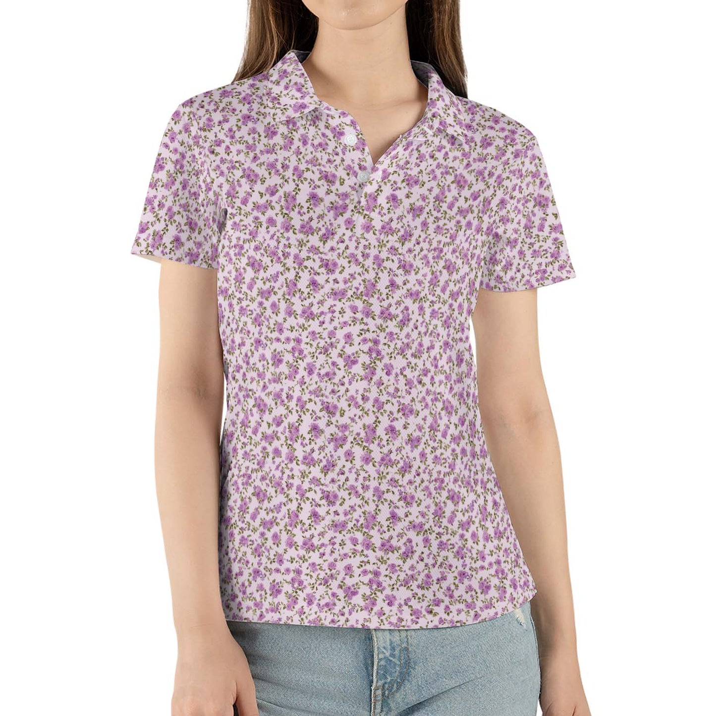 Lavender Floral Polo Shirt for Women Light Purple Cottagecore Spring Summer Moisture Wicking Short Sleeve Golf Top