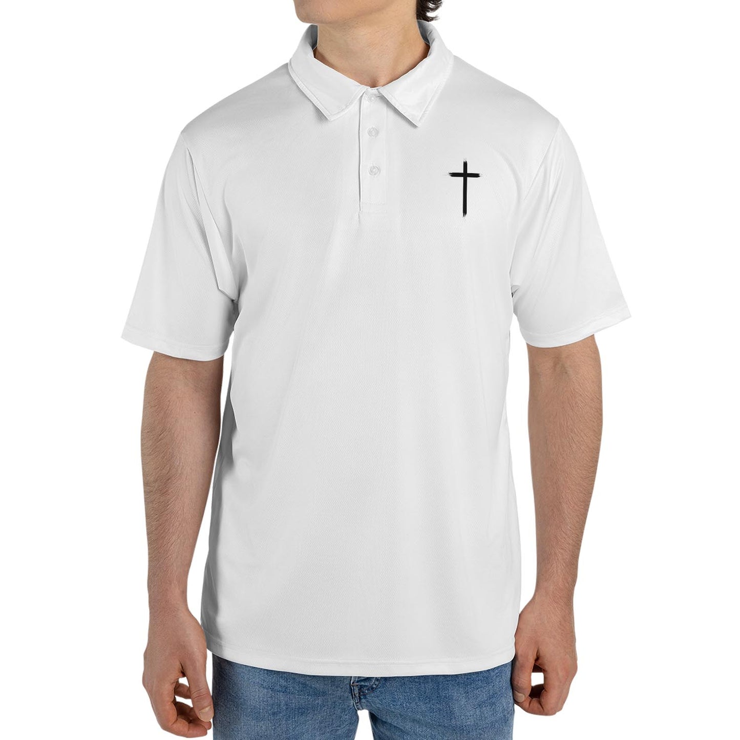 Christian Polo Shirts for Men Cross Faith Moisture Wicking White Short Sleeve Golf Top