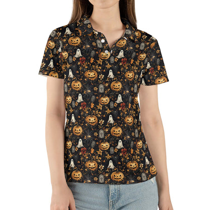 Ghost Pumpkin Floral Halloween Polo Shirt for Women Moisture Wicking Short Sleeve Golf Top