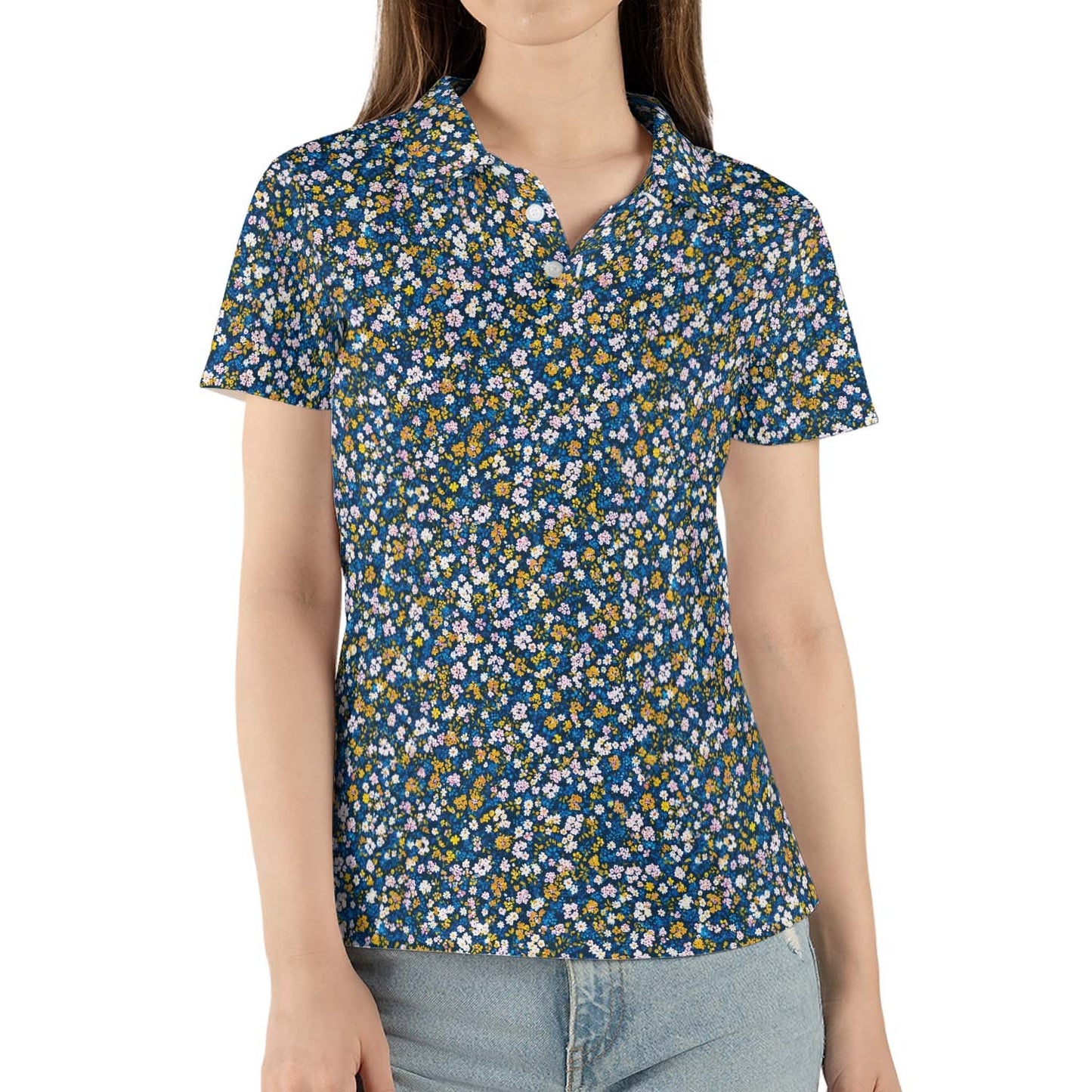 Navy Wildflower Polo Shirt for Women Dark Cottagecore Floral Spring Summer Moisture Wicking Short Sleeve Golf Top