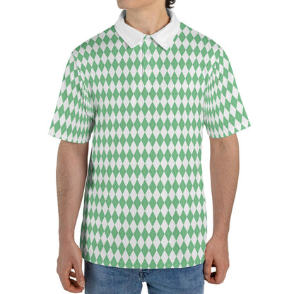 Bavarian Diamond Polo Shirt for Men Green White Checkered Moisture Wicking Short Sleeve Golf Top