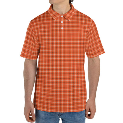 Orange Plaid Polo Shirt for Men Fall Checkered Autumn Halloween Moisture Wicking Short Sleeve Golf Top