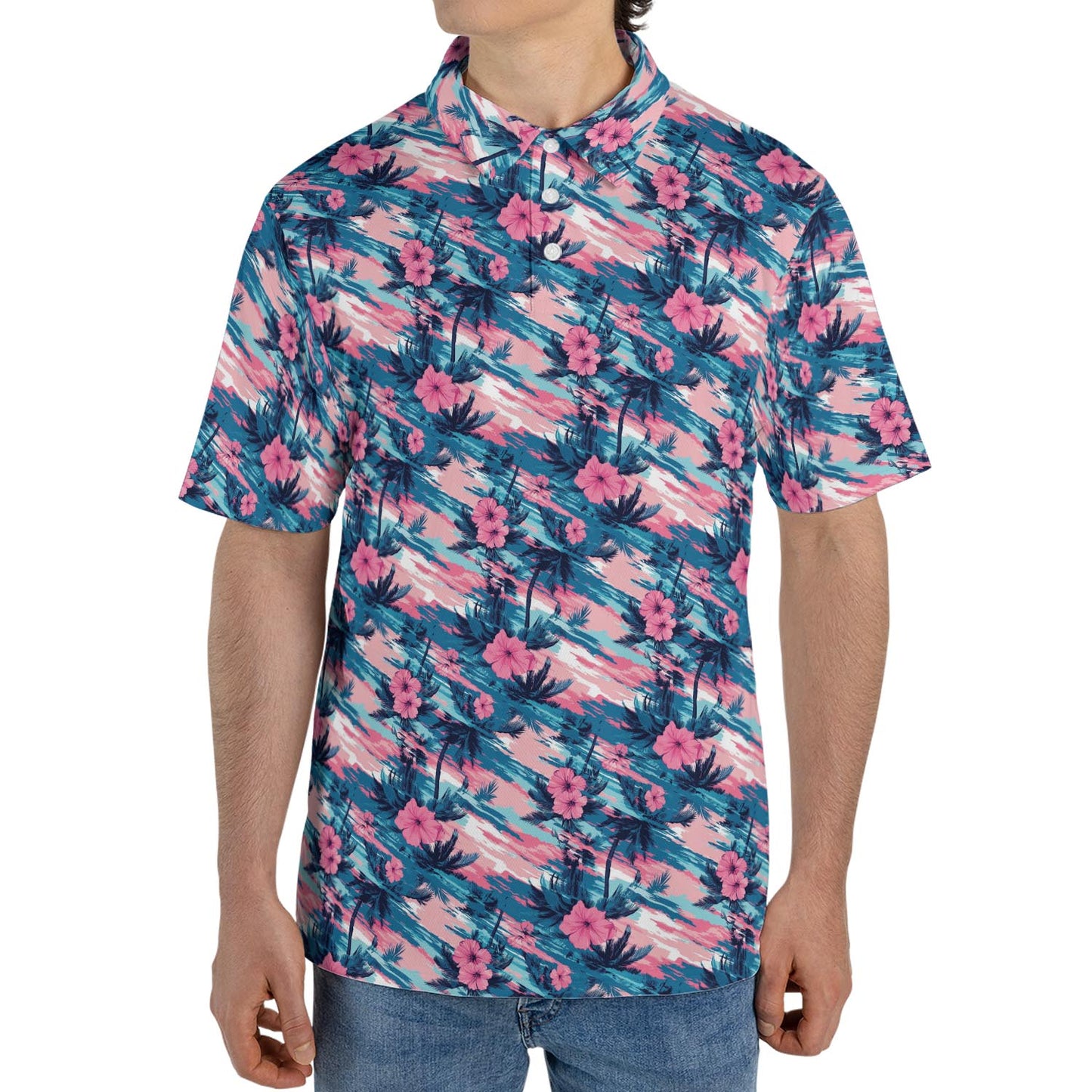 Tropical Sunset Floral Summer Polo Shirt for Men Moisture Wicking Short Sleeve Golf Vacation Top