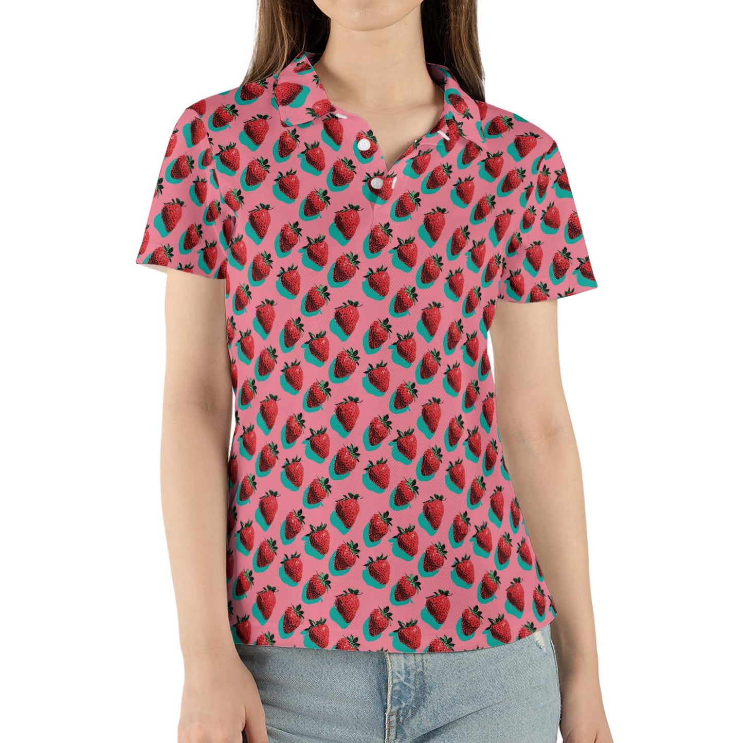Strawberry Print Polo Shirt for Women Pink Summer Cottagecore Cute Moisture Wicking Short Sleeve Golf Top