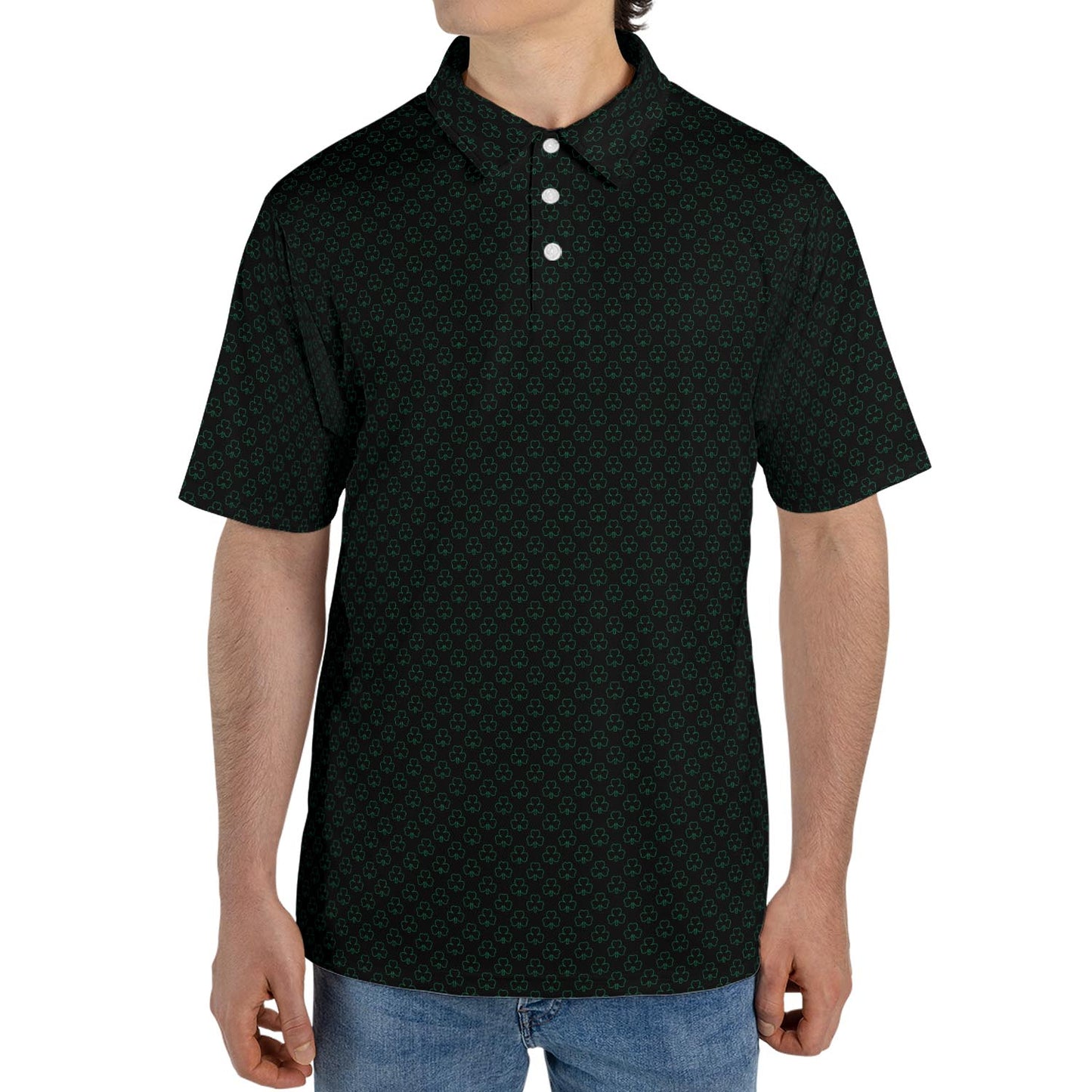 St Patricks Day Polo Shirts for Men Black Green Shamrock Outline Pattern Moisture Wicking Short Sleeve Golf Top