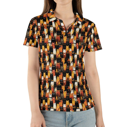 Halloween Cat Polo Shirt for Women Orange Black Witchy Kitty Costume Moisture Wicking Short Sleeve Golf Top