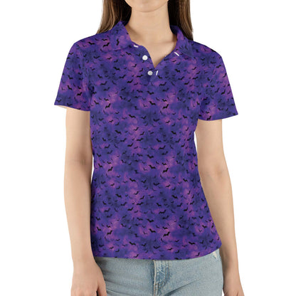 Purple Halloween Bat Polo Shirt for Women Spooky Costume Party Moisture Wicking Short Sleeve Golf Top