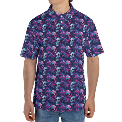 Electric Neon Cosmic Skull Print Halloween Polo Shirt for Men Moisture Wicking Short Sleeve Golf Top