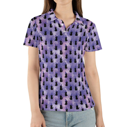 Witch Cat Halloween Polo Shirt for Women Purple Spooky Costume Moisture Wicking Short Sleeve Golf Top