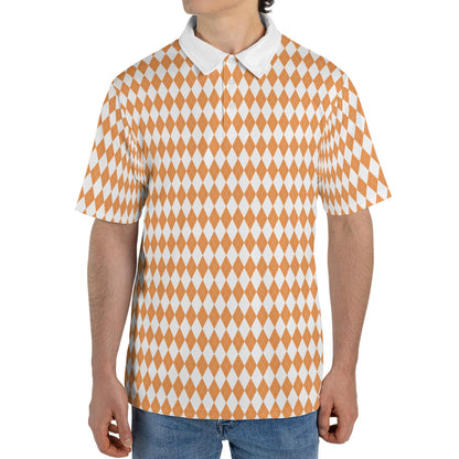 Bavarian Diamond Polo Shirt for Men Orange White Checkered Moisture Wicking Short Sleeve Golf Top