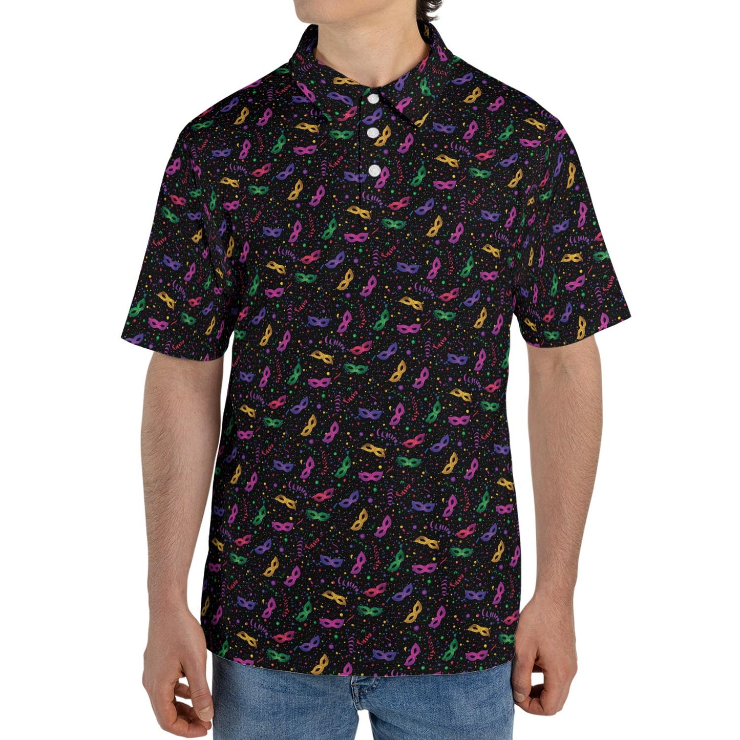 Mardi Gras Party Polo Shirt for Men Mask Confetti Pattern Moisture Wicking Short Sleeve Golf Top