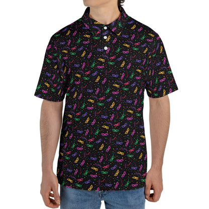 Mardi Gras Party Polo Shirt for Men Mask Confetti Pattern Moisture Wicking Short Sleeve Golf Top