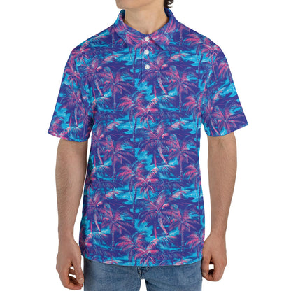 Retro Neon Palm Tree Print Summer Polo Shirt for Men Moisture Wicking Short Sleeve Golf Top
