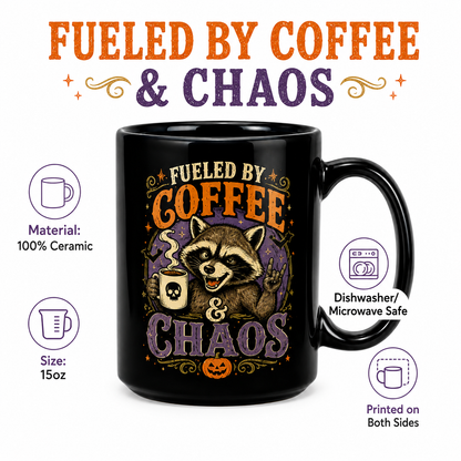 Fueled by Coffee & Chaos Raccoon Halloween Mug – Funny 15oz Black Coffee Mug