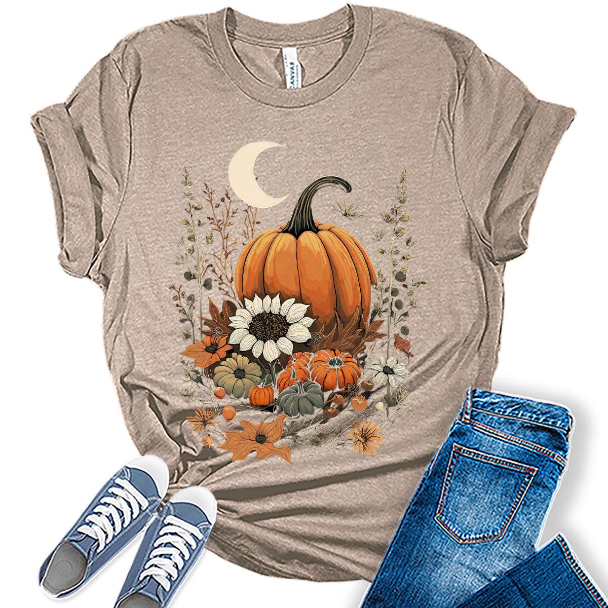 Pumpkin Cottagecore T-Shirt Womens Graphic Tees Vintage Flower Fall Shirts Girls Vintage Halloween Thanksgiving Tops