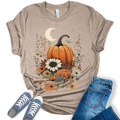 Pumpkin Cottagecore T-Shirt Womens Graphic Tees Vintage Flower Fall Shirts Girls Vintage Halloween Thanksgiving Tops