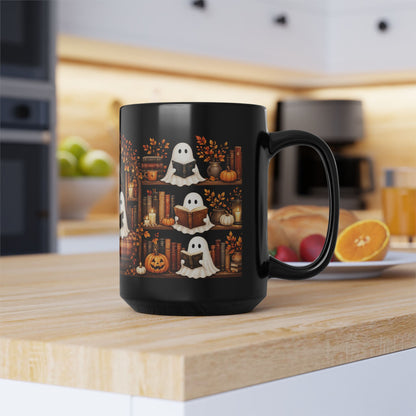 Ghost Reading Books Halloween Mug 15oz - Cozy Bookshelf Black Coffee Cup