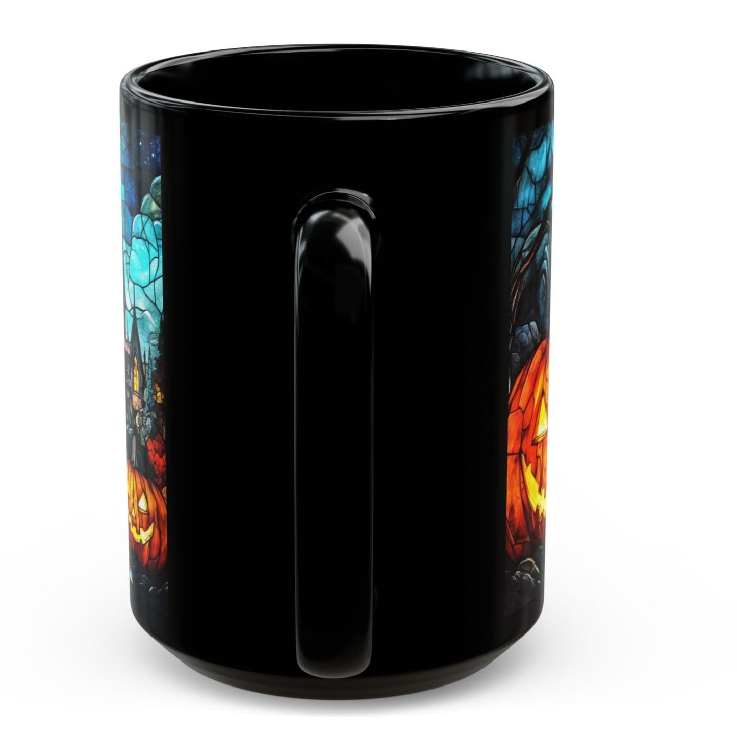 Stained Glass Halloween Pumpkin Scene Black Mug 15oz