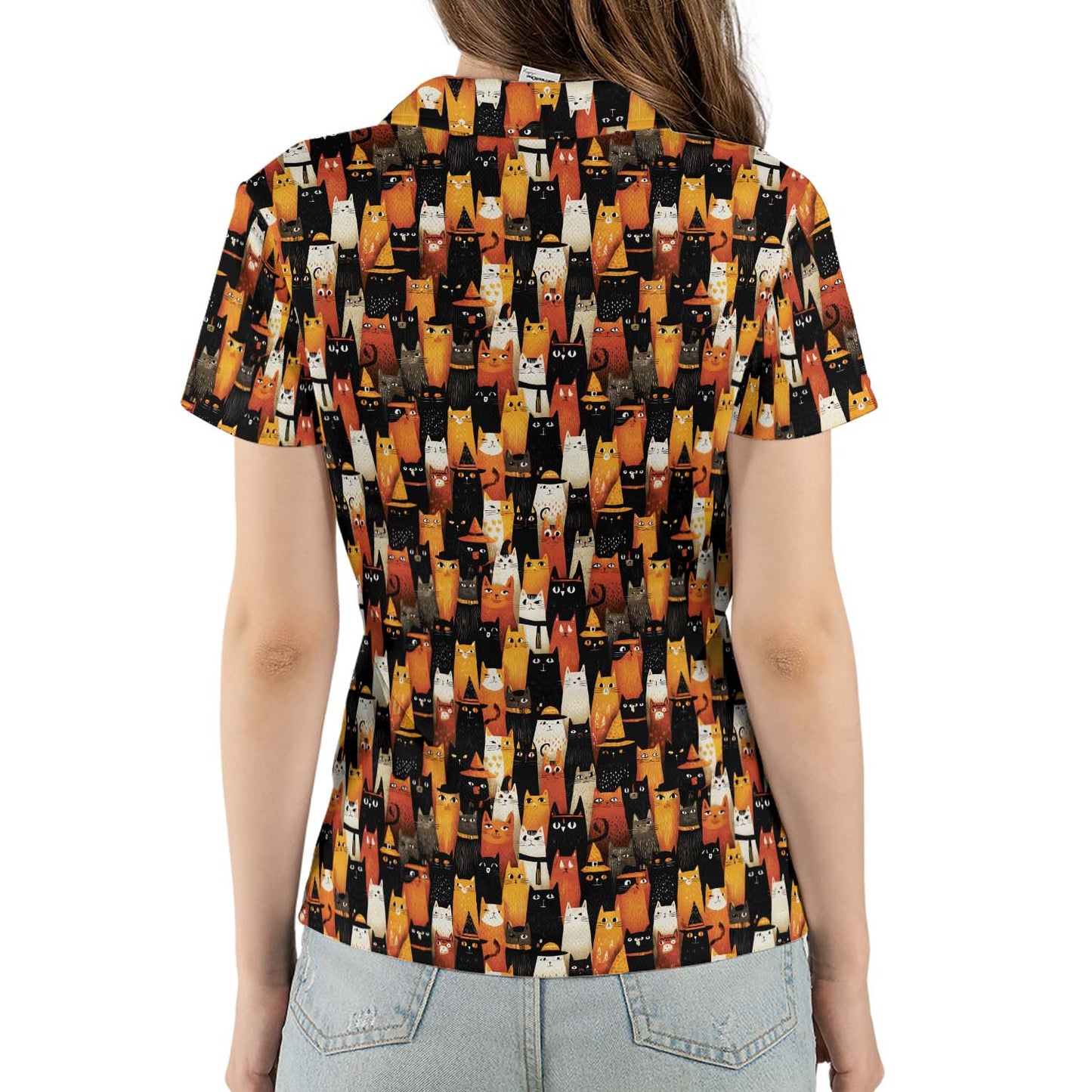 Halloween Cat Polo Shirt for Women Orange Black Witchy Kitty Costume Moisture Wicking Short Sleeve Golf Top