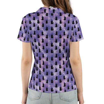 Witch Cat Halloween Polo Shirt for Women Purple Spooky Costume Moisture Wicking Short Sleeve Golf Top