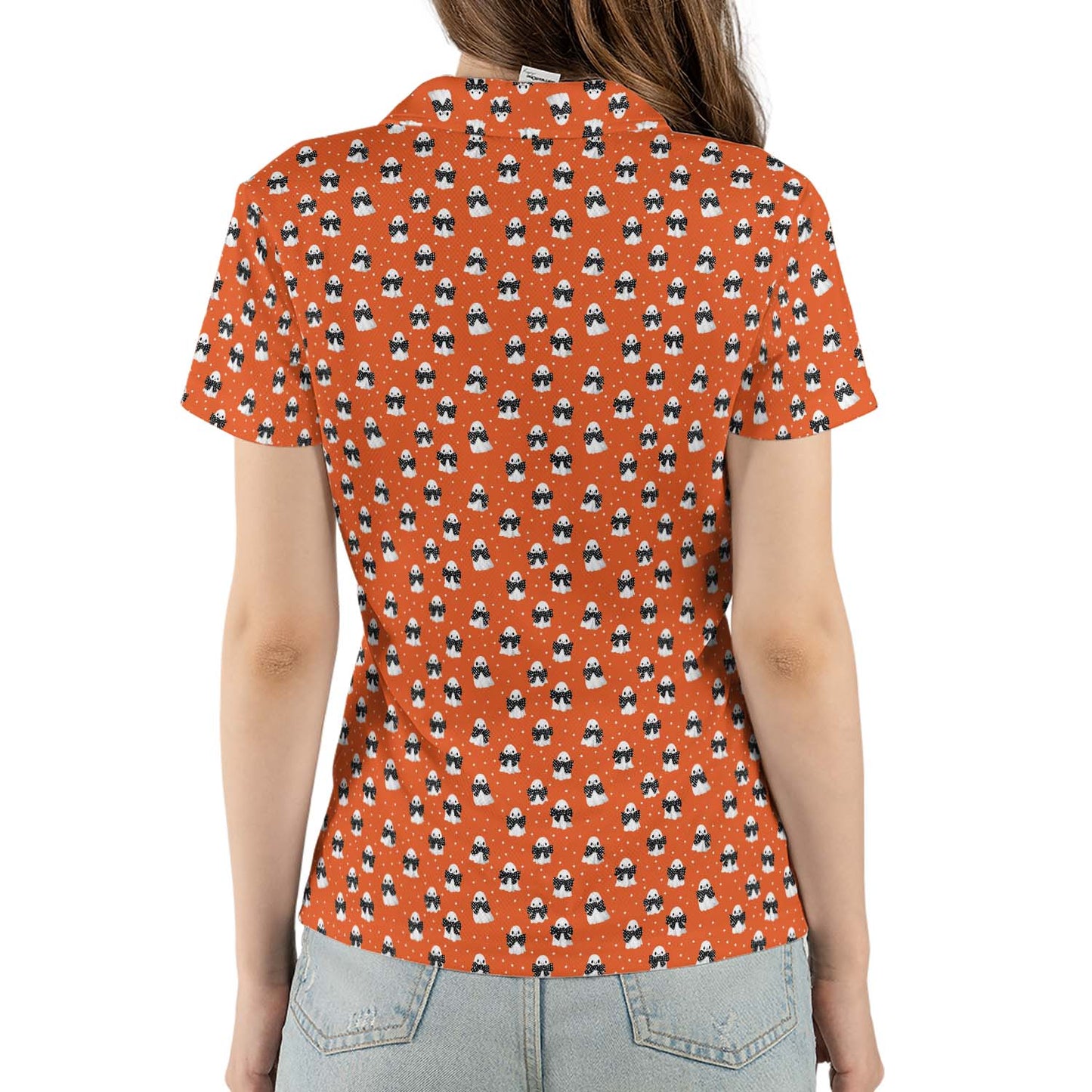 Ghost Halloween Polo Shirt for Women Orange Spooky Fun Costume Style Moisture Wicking Short Sleeve Golf Top
