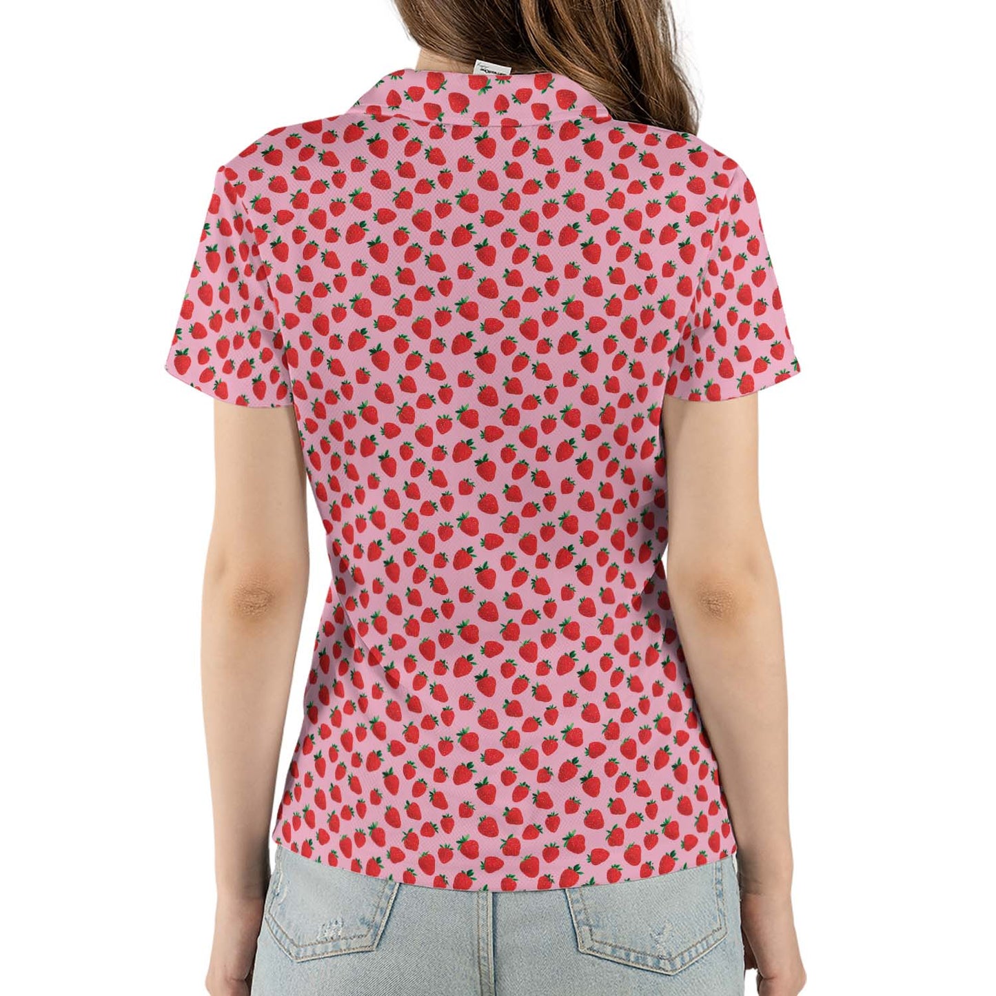Strawberry Polo Shirt for Women Pink Summer Cottagecore Moisture Wicking Short Sleeve Golf Top