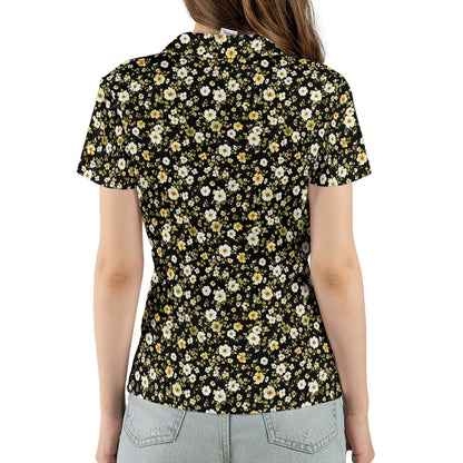 Black Daisy Floral Polo Shirt for Women Yellow Cottagecore Spring Summer Chic Moisture Wicking Short Sleeve Golf Top