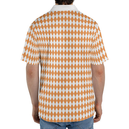 Bavarian Diamond Polo Shirt for Men Orange White Checkered Moisture Wicking Short Sleeve Golf Top