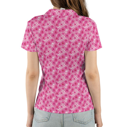 Pink Daisy Floral Polo Shirt for Women Spring Cottagecore Moisture Wicking Short Sleeve Golf Top