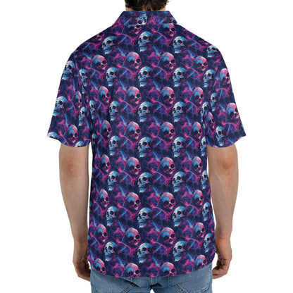 Electric Neon Cosmic Skull Print Halloween Polo Shirt for Men Moisture Wicking Short Sleeve Golf Top