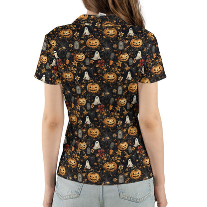 Ghost Pumpkin Floral Halloween Polo Shirt for Women Moisture Wicking Short Sleeve Golf Top