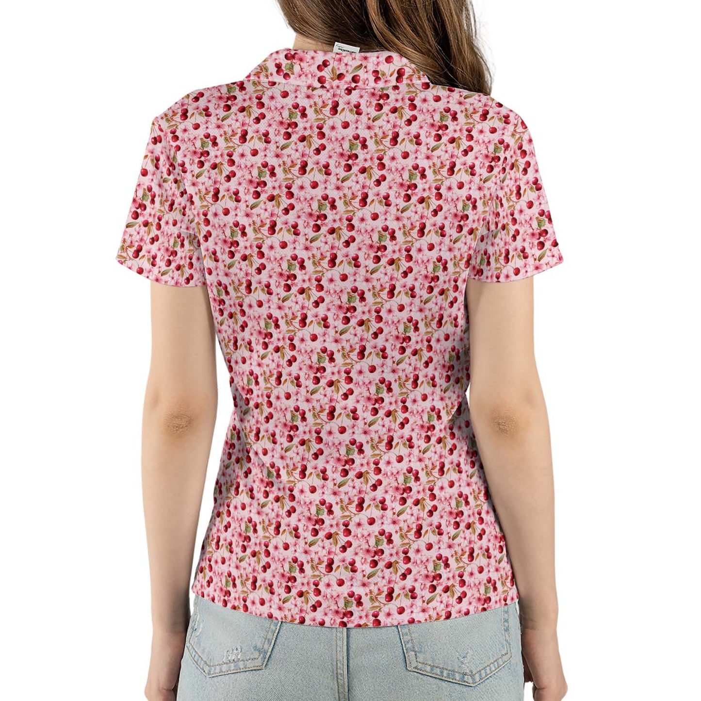Cherry Blossom Polo Shirt for Women Pink Floral Cottagecore Spring Summer Moisture Wicking Short Sleeve Golf Top