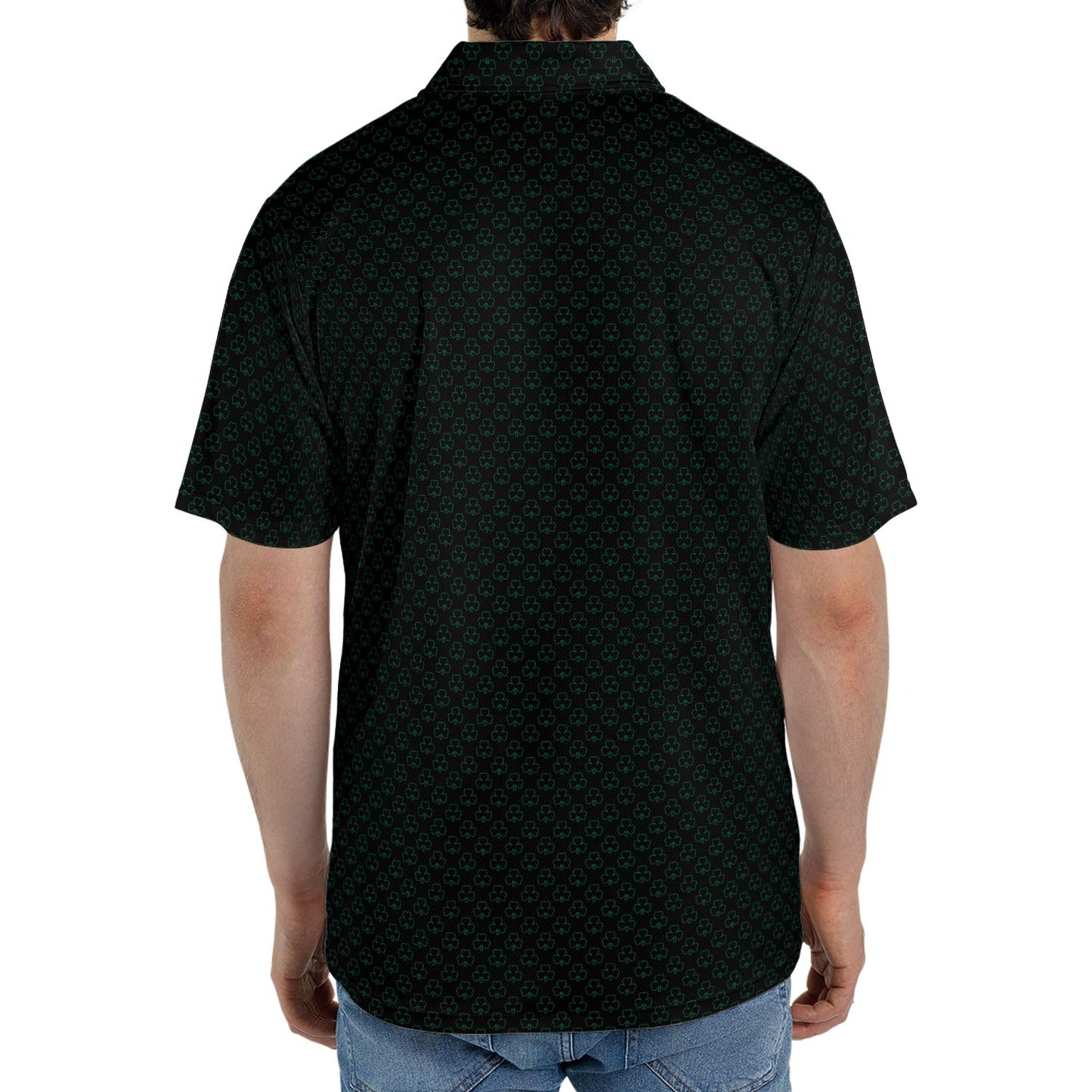 St Patricks Day Polo Shirts for Men Black Green Shamrock Outline Pattern Moisture Wicking Short Sleeve Golf Top