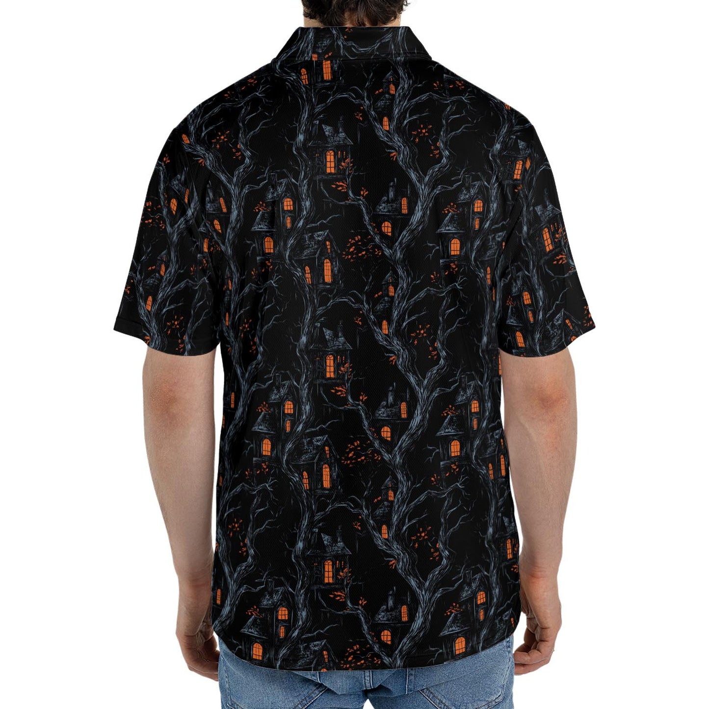 Haunted House Halloween Polo for Men Spooky Moisture Wicking Short Sleeve Golf Top