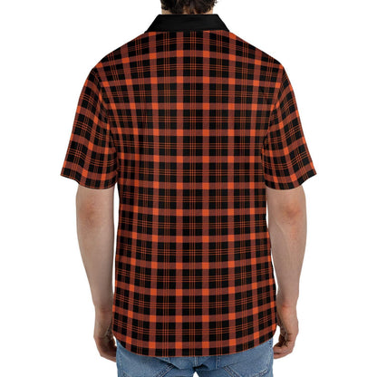Black and Orange Buffalo Plaid Polo Shirt for Men Halloween Fall Checkered Pattern Moisture Wicking Short Sleeve Golf Top