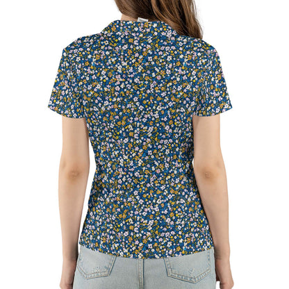 Navy Wildflower Polo Shirt for Women Dark Cottagecore Floral Spring Summer Moisture Wicking Short Sleeve Golf Top