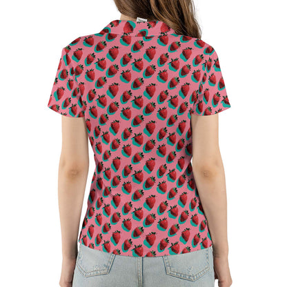 Strawberry Print Polo Shirt for Women Pink Summer Cottagecore Cute Moisture Wicking Short Sleeve Golf Top