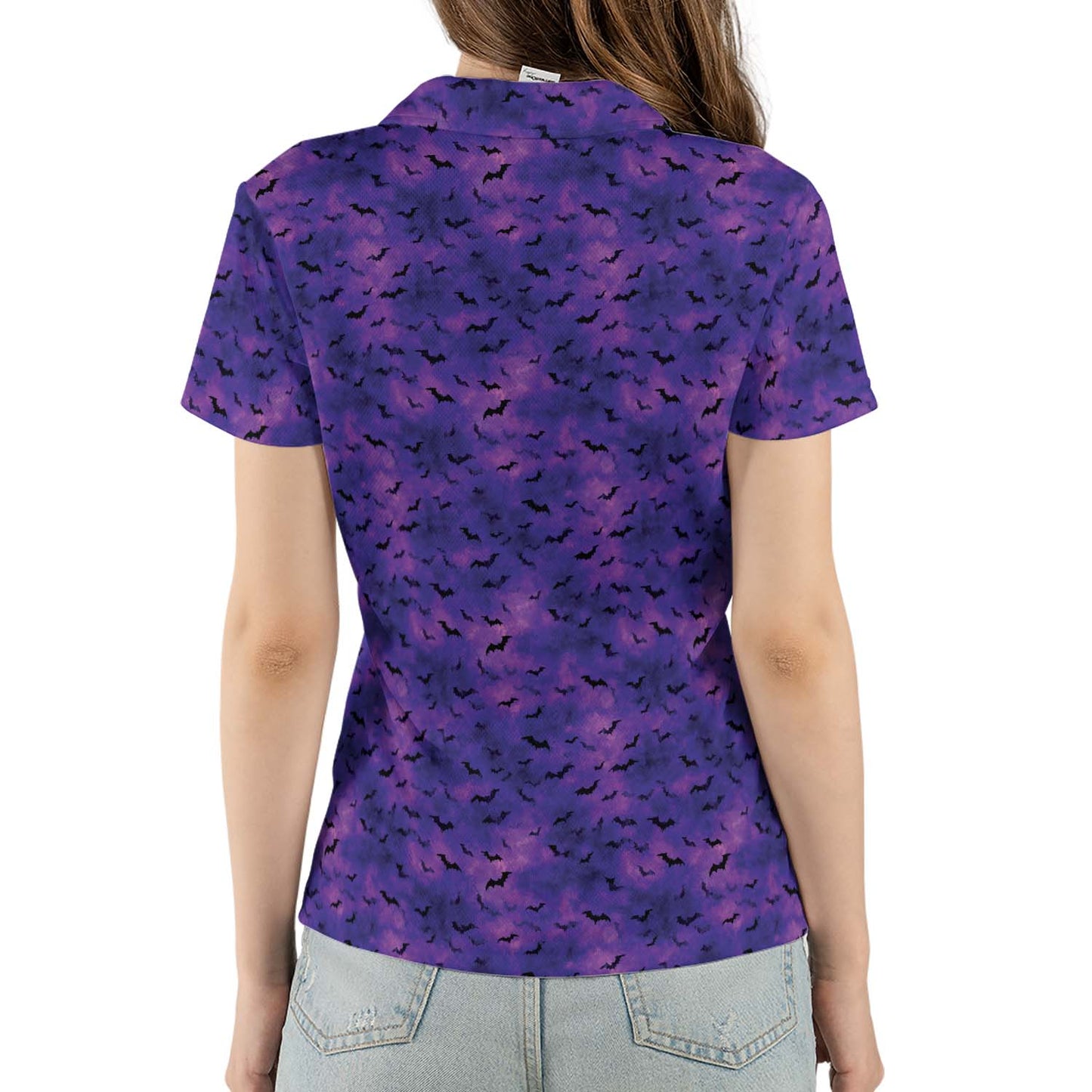 Purple Halloween Bat Polo Shirt for Women Spooky Costume Party Moisture Wicking Short Sleeve Golf Top