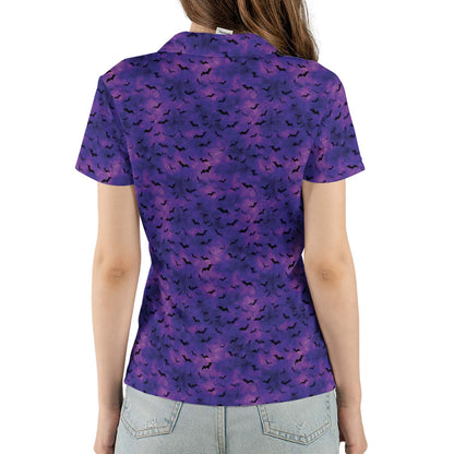 Purple Halloween Bat Polo Shirt for Women Spooky Costume Party Moisture Wicking Short Sleeve Golf Top